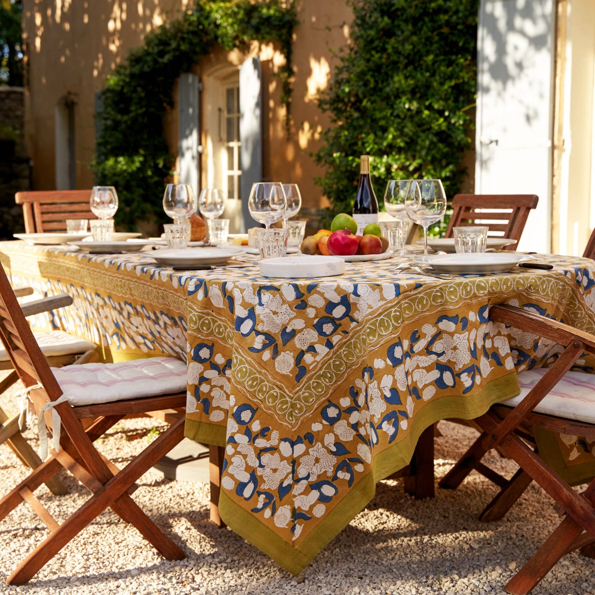 Forest Harvest Mustard & Blue Tablecloth