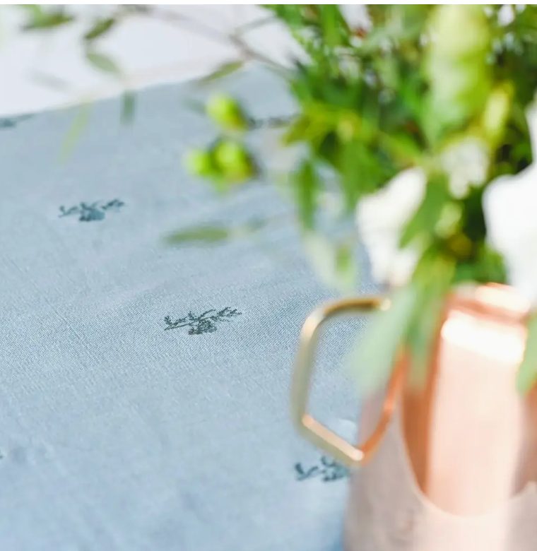 Galley and Fen Blue Fleur Embroidered Tablecloth 60" x 90"