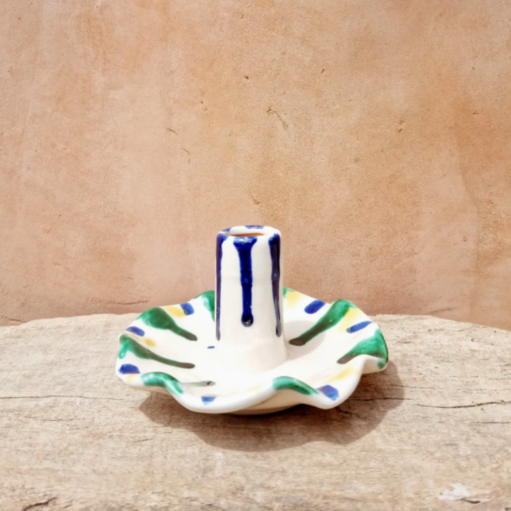 Cerámica Roca Caus - Blue, Yellow, Green Brushed Candle Holder