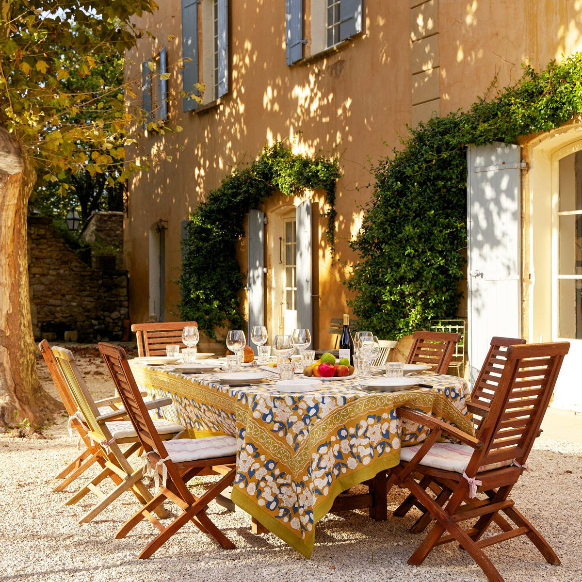 Forest Harvest Mustard &amp; Blue Tablecloth